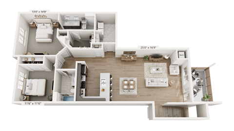 A floor plan of a house with a living room, kitchen, and two bedrooms.